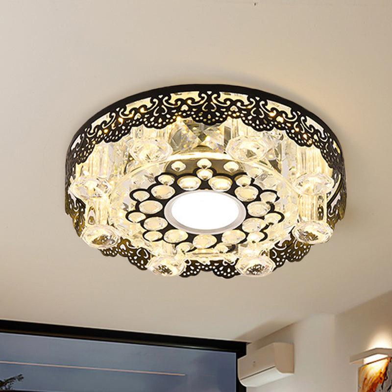 Black Crystal Floral-Trim Led Close-To-Ceiling Lamp - Contemporary Square/Round Design
