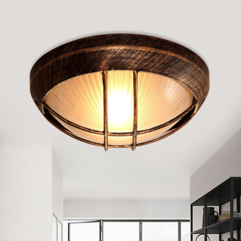 Frosted Ribbed Glass Flush Mount Ceiling Light In Rustic Bronze With Metal Cage - 1-Light Porch