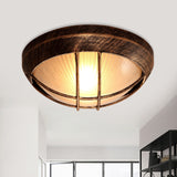 Frosted Ribbed Glass Flush Mount Ceiling Light In Rustic Bronze With Metal Cage - 1-Light Porch