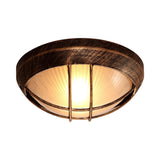 Frosted Ribbed Glass Flush Mount Ceiling Light In Rustic Bronze With Metal Cage - 1-Light Porch