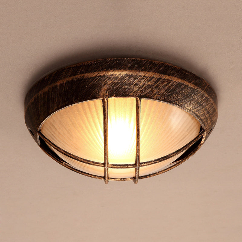 Frosted Ribbed Glass Flush Mount Ceiling Light In Rustic Bronze With Metal Cage - 1-Light Porch