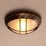 Frosted Ribbed Glass Flush Mount Ceiling Light In Rustic Bronze With Metal Cage - 1-Light Porch