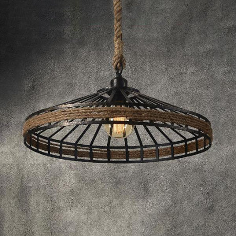 Vintage Rope And Metal Conic Cage Restaurant Suspension Light - Aged Silver/Black