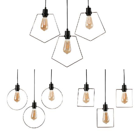 Retro Black Finish Iron Hanging Lamp - 3 Heads Round/Square/Pentagon Frame Coffee Shop Ceiling