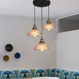 Industrial Brass Ribbed Glass Pendant Lighting - 3-Light Cone Hanging Light For Dining Room