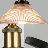 Industrial Brass Ribbed Glass Pendant Lighting - 3-Light Cone Hanging Light For Dining Room