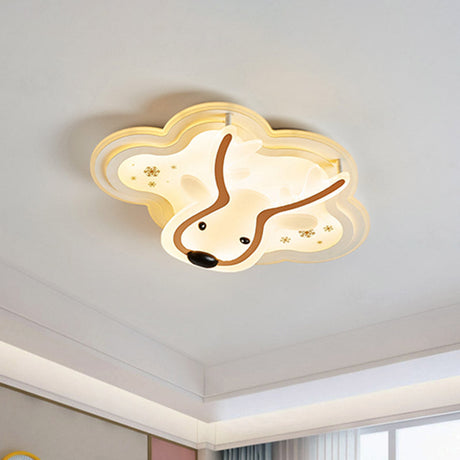 Kids Led Flush Ceiling Light - Deer Patterned Cloud Acrylic Bedroom Lamp In White