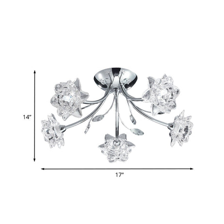 Modern Polished Chrome Crystal Blossom Chandelier - Semi Flush 5-Head Ceiling Mount