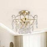 Vintage Crystal Strand Gold Bowl Cage Ceiling Light With Semi Flush Mount - 4-Light Lounge Fixture