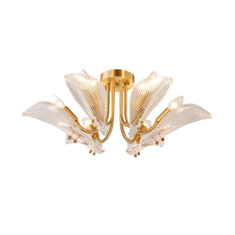 Transparent Glass Ceiling Lamp With Brass Leaf Design - Semi Flush Mount Light For Bedroom (6 Heads)