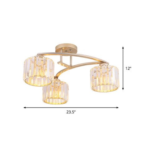 Postmodern Gold V Arm Ceiling Mount Chandelier: Crystal Shade 3 Bulbs Semi Flush Light For