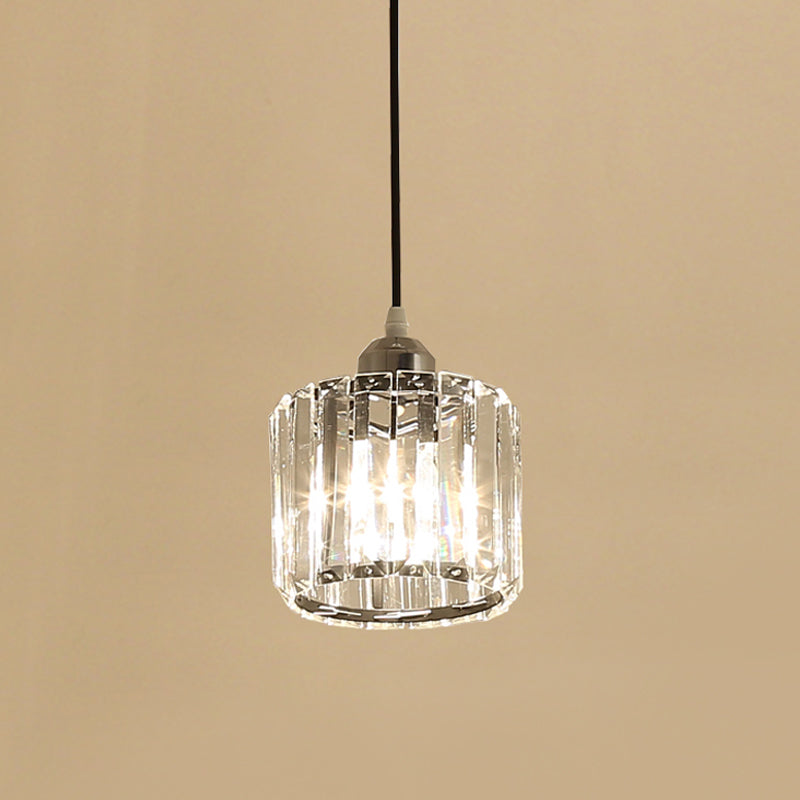 Simple Chrome Cylinder Pendant Lamp With Crystal Pendulum - Ideal For Bedside Or Ceiling