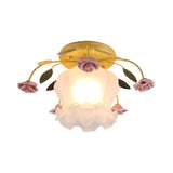 Yellow-Pink/White-Pink Flowerbud Cream Matte Glass Semi Flush Mount Ceiling Light For Corridors