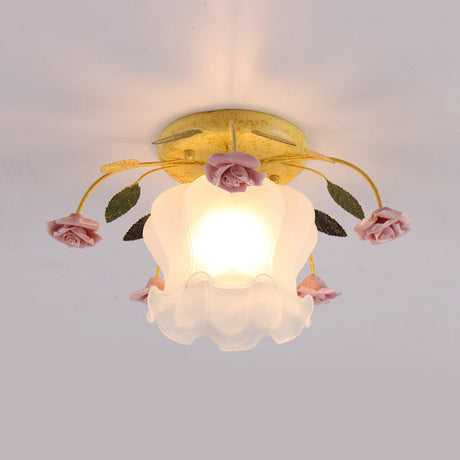 Yellow-Pink/White-Pink Flowerbud Cream Matte Glass Semi Flush Mount Ceiling Light For Corridors
