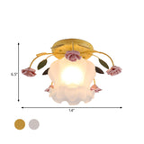 Yellow-Pink/White-Pink Flowerbud Cream Matte Glass Semi Flush Mount Ceiling Light For Corridors