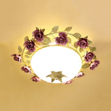 American Flower Bowl Ceiling Flush 3-Light Opal Frosted Glass Flushmount Lighting - Pink/Green