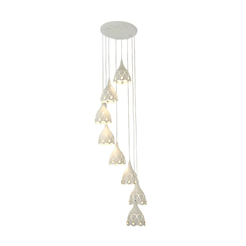Contemporary Spiral Ceiling Light With 8 White Iron Lights And Carved Design For Stairs