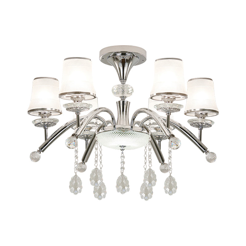 Contemporary Bell Semi Flush Mount Light With Crystal Drop - 6-Bulb Chrome In Frosted Glass