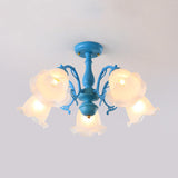 Adjustable Semi Flush American Flower Chandelier - 3/5 Bulbs Ruffled Design Grey/Blue/Green Matte