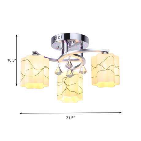 Sleek Chrome Ceiling Flush Mount With Frosted Glass Scalloped Semi Design & Crystal Drop - 3/5 Bulbs