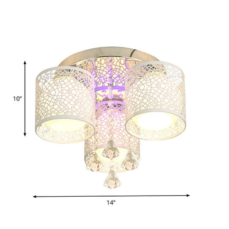 Sleek Metal Chrome Semi Flush Light: Modern Cylinder Design With Frosted Glass Shade & Crystal