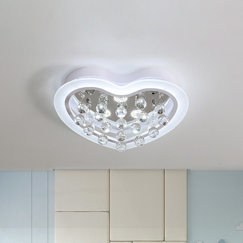 Minimalist Led Heart Ceiling Light In White With Crystal Orb - 16/19.5 Acrylic Flush Fixture For