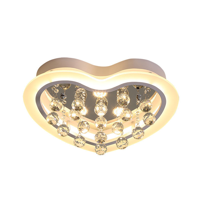 Minimalist Led Heart Ceiling Light In White With Crystal Orb - 16/19.5 Acrylic Flush Fixture For