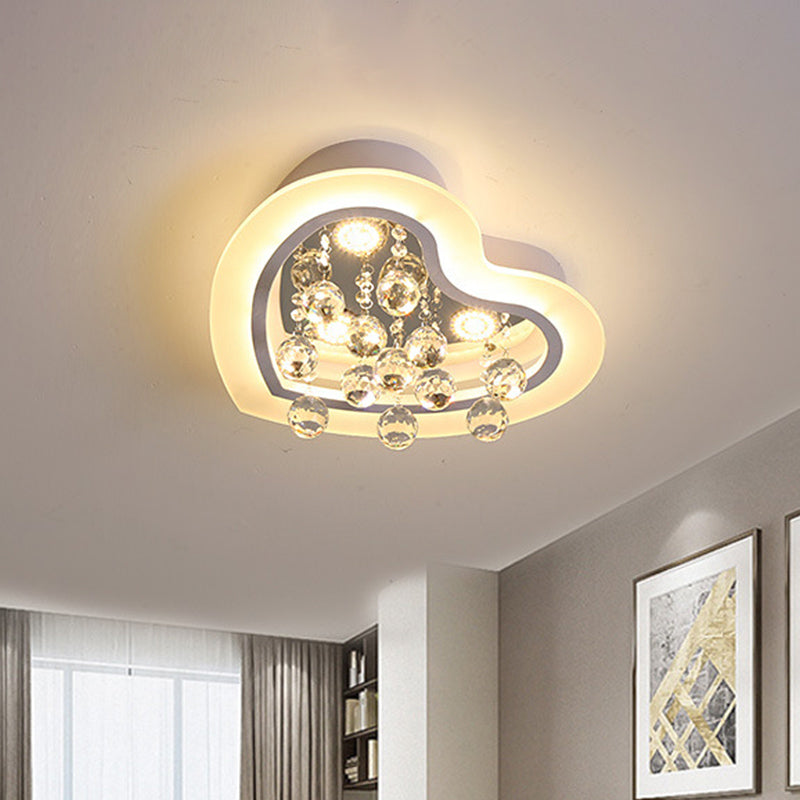 Minimalist Led Heart Ceiling Light In White With Crystal Orb - 16/19.5 Acrylic Flush Fixture For