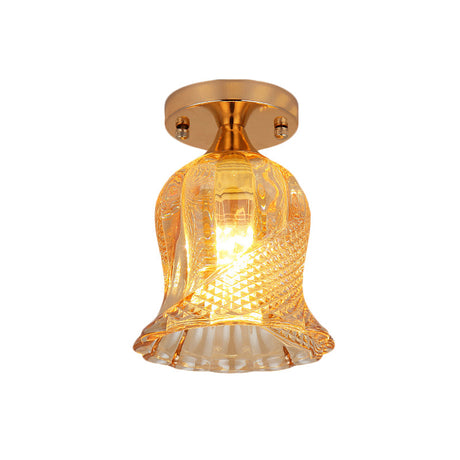 Amber Crystal Flower Corridor Ceiling Light With Gold Finish Flush Mount Single Bulb