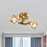 Minimalist Crystal Block Flush Ceiling Light In Brass - 2-Light Semi Mount Fixture