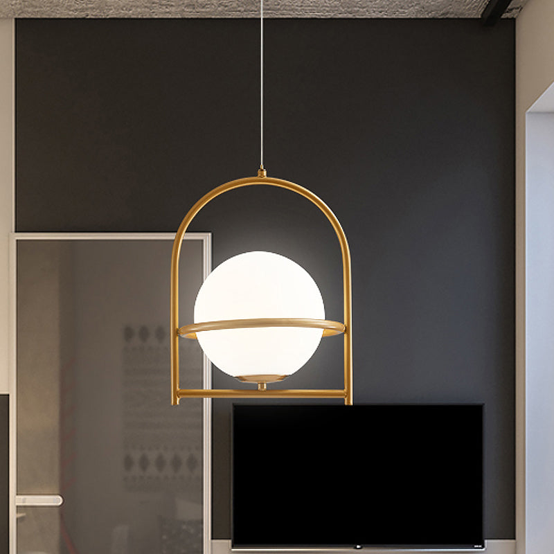 Opal Glass Ball Light With Birdcage Design - Modern Ceiling Fixture For Bedside Black/Gold 9/11 Gold