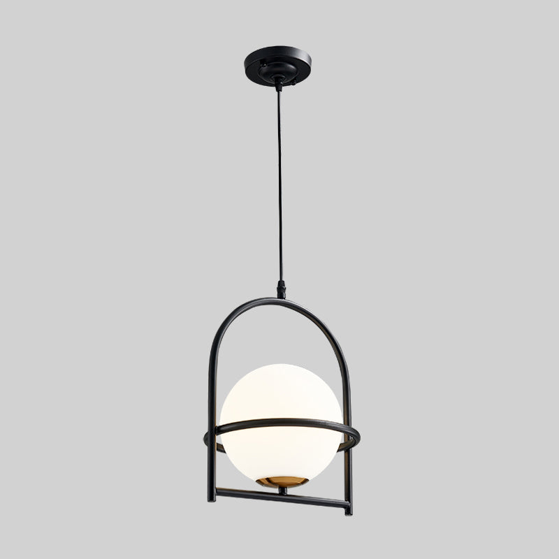 Opal Glass Ball Light With Birdcage Design - Modern Ceiling Fixture For Bedside Black/Gold 9/11