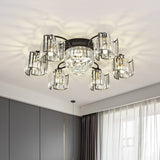 Contemporary Clear Crystal Block Semi-Mount 4/6-Light Fixture - Black Finish