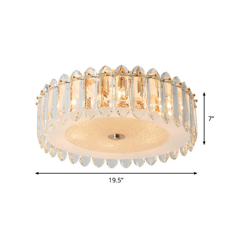 Simple Gold Flushmount Lighting - Drum Crystal Fixture With 6 Bulbs For Bedroom