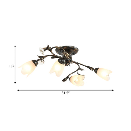 American Garden Flowers Ceilng Light - Cream Glass Semi Flush Mount Lighting In Bronze 4/6/8 Heads