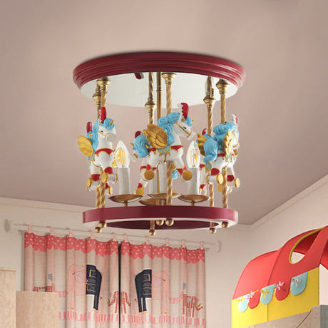 Metal Carousel Semi Flush Cartoon Mount Lighting Fixture For Childrens Room - 4-Bulb Red/Pink/Yellow