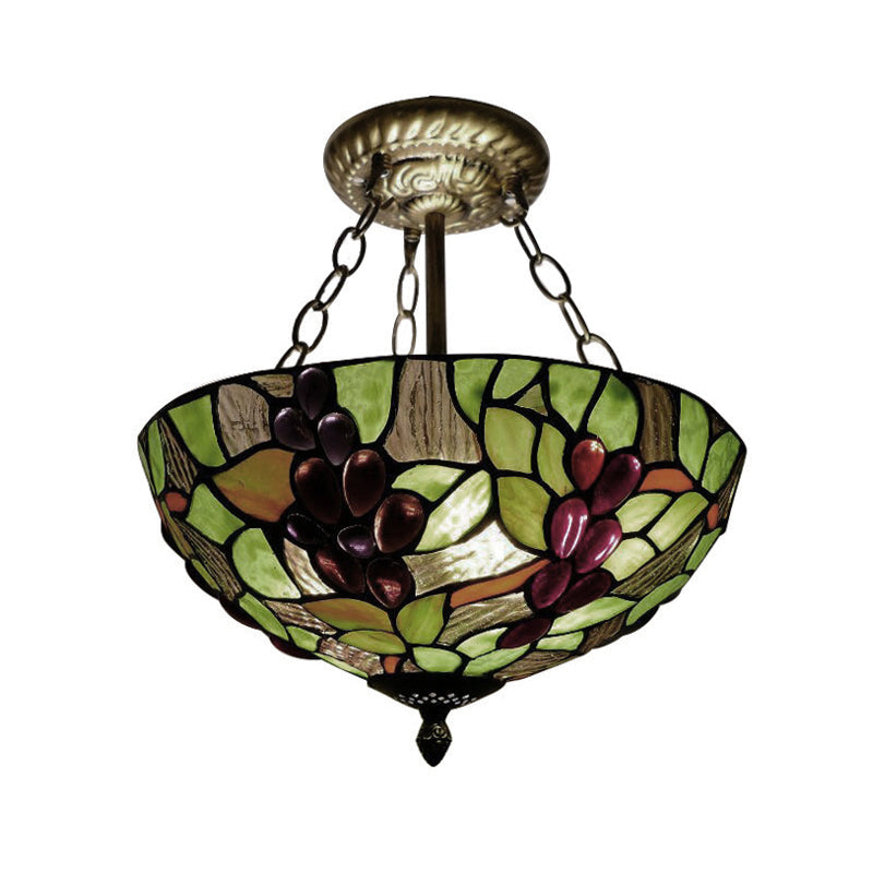 Rustic Loft Stained Glass Semi Flush Light For Cloth Shop - Multi Color Bowl Ceiling