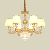 Modern Milk Glass Arm Chandelier With 6 Gold Crystal Bulbs - Elegant Bedroom Hanging Light