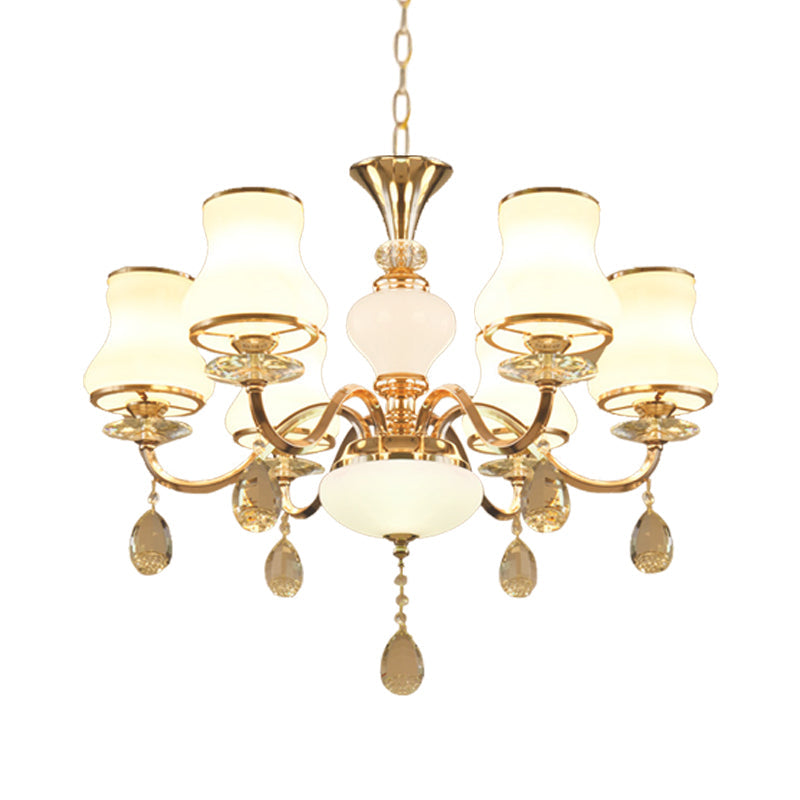 Sleek Opal Glass 6-Light Crystal Ceiling Light - Champagne Bell Hanging Chandelier For Bedrooms
