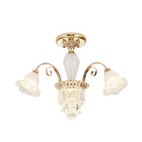Contemporary Bloom Semi Flush Gold Light With Opal Glass & Crystal Accents