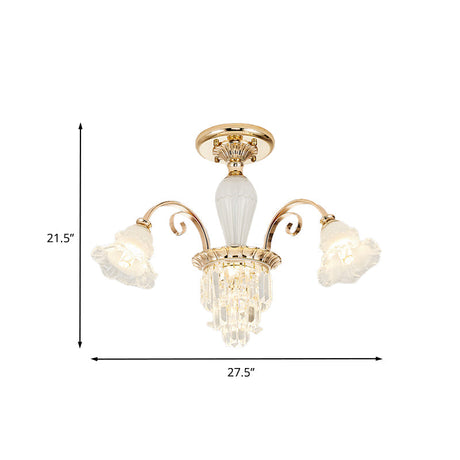Contemporary Bloom Semi Flush Gold Light With Opal Glass & Crystal Accents