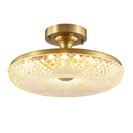 7-Head Gold Semi Flush Mount Ceiling Light With Clear Ribbed Crystal Postmodern Doughnut Design
