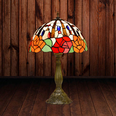 Victorian Flower Table Lamp - Red/Orange Stained Glass Nightstand Light For Bedroom Red