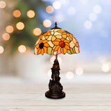 Victorian Style Sunflower Orange Glass Table Lamp - Bronze Nightstand Light With Resin Maid Base