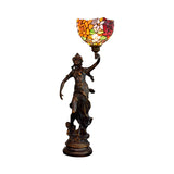 Bronze Angel Statue Night Stand Light - White-Green/Orange/Green Floral Glass Tiffany Table Lighting