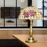 Tiffany Style Flower Pattern Grid Shell Table Lamp - 2 Bulbs & Gold Finish With Pull Chain