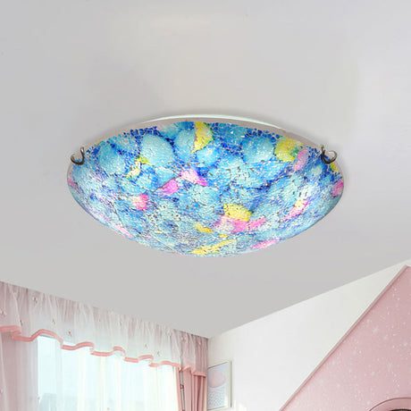 Tiffany Blue Stained Glass Ceiling Light For Bedroom - 2/3-Light Wide Bowl Flush Mount 12/16