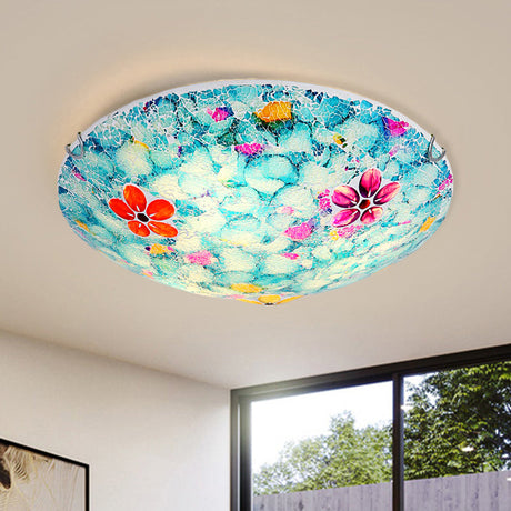 Hand-Cut Blue Glass Tiffany Flower Bowl Flush Light Fixture - 16 Or 19.5 Wide With 3 4 Lights Close