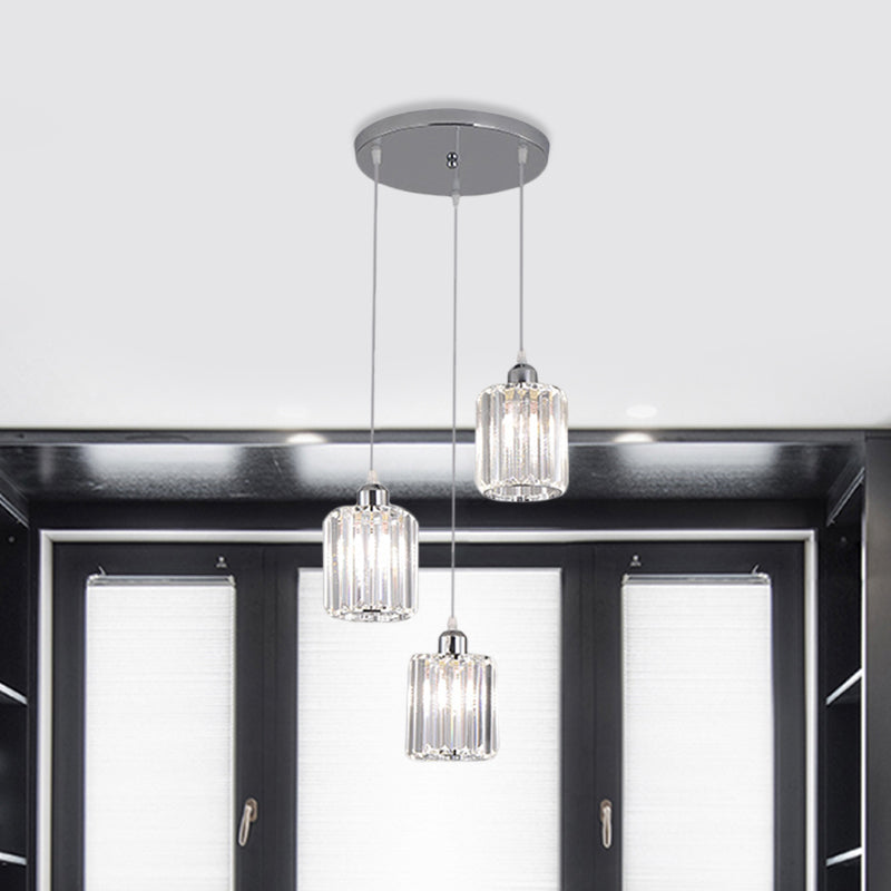 Modern Clear Crystal Cylinder Pendant With Chrome Finish - 3 Bulb Hanging Lamp Kit