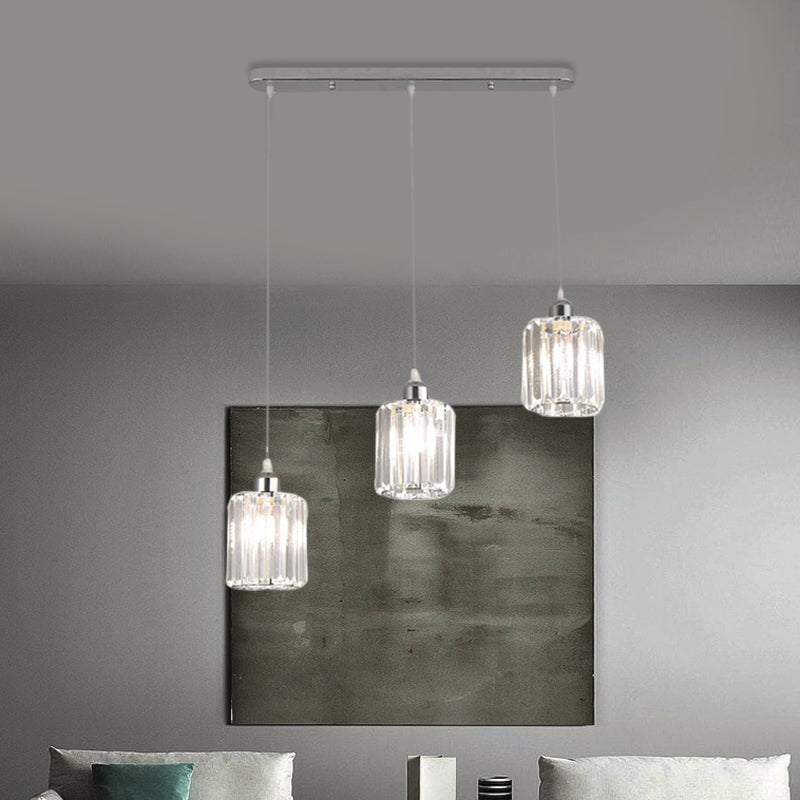Minimal Chrome Pendant Ceiling Light With Cylinder Crystal Shade - 3-Light Restaurant Multi